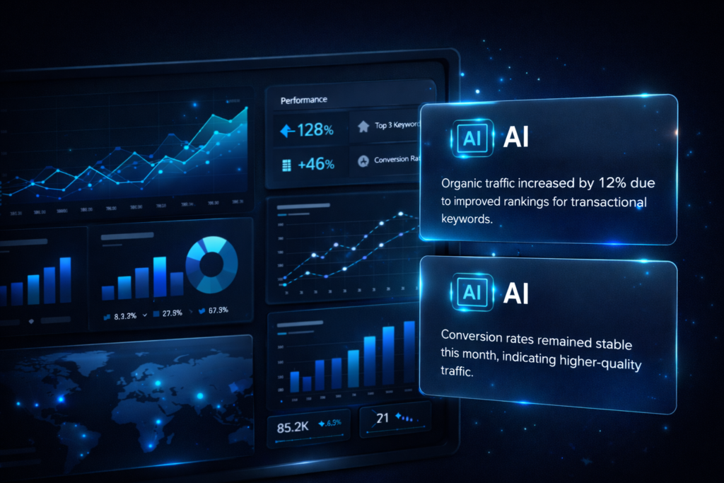 AI-generated SEO report insights presented in clear, client-friendly language