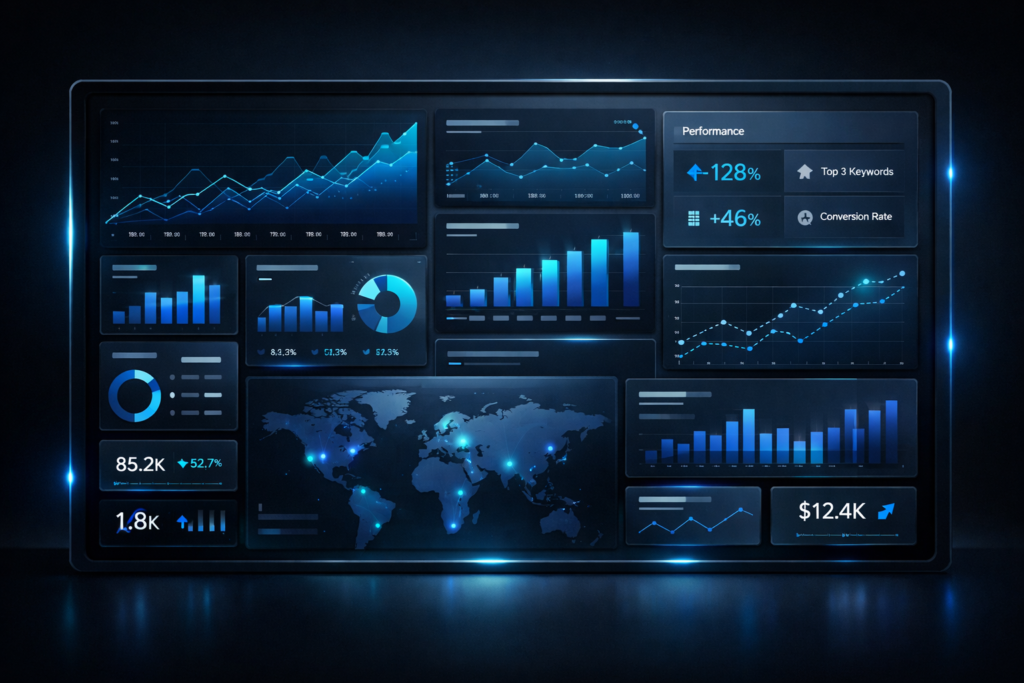 AI-powered SEO client reporting dashboard showing automated analytics and performance insights