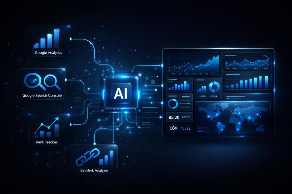 AI automation connecting multiple SEO data sources into a unified reporting dashboard