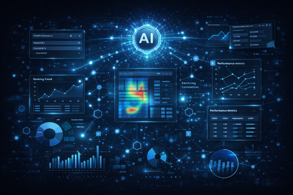 AI-driven SEO analytics identifying patterns, trends, and performance correlations across large datasets