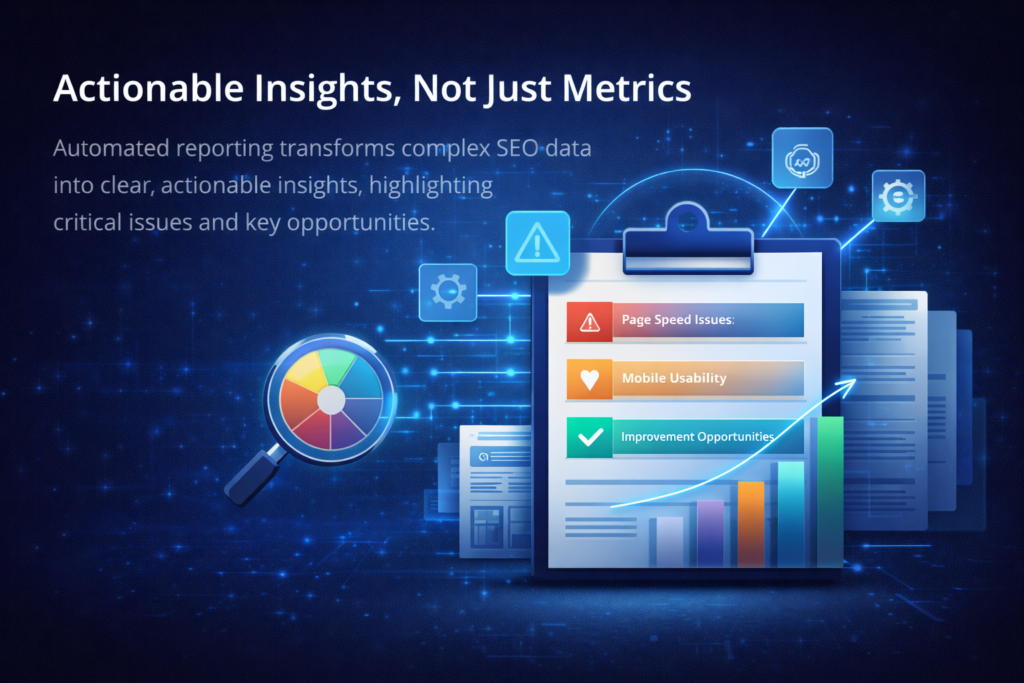 Automated technical SEO report highlighting actionable insights, risks, and optimization opportunities