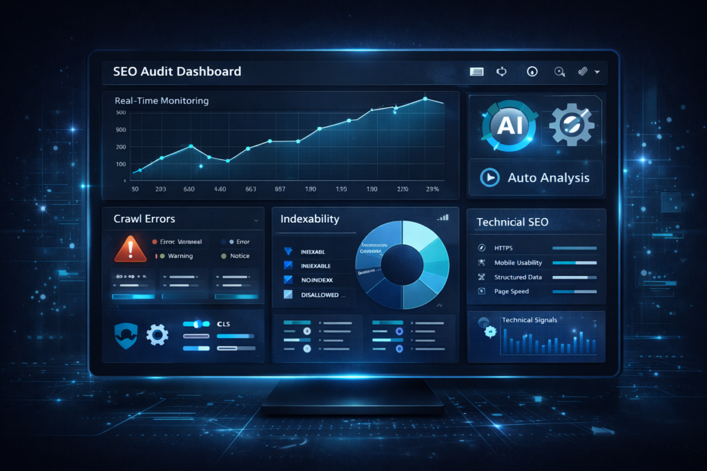 AI-powered automated SEO audit dashboard showing real-time website health, crawl errors, and technical SEO metrics