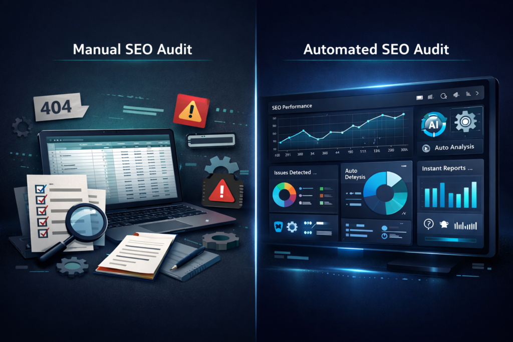 Comparison between manual SEO audits using spreadsheets and automated SEO audits using AI dashboards and real-time analytics