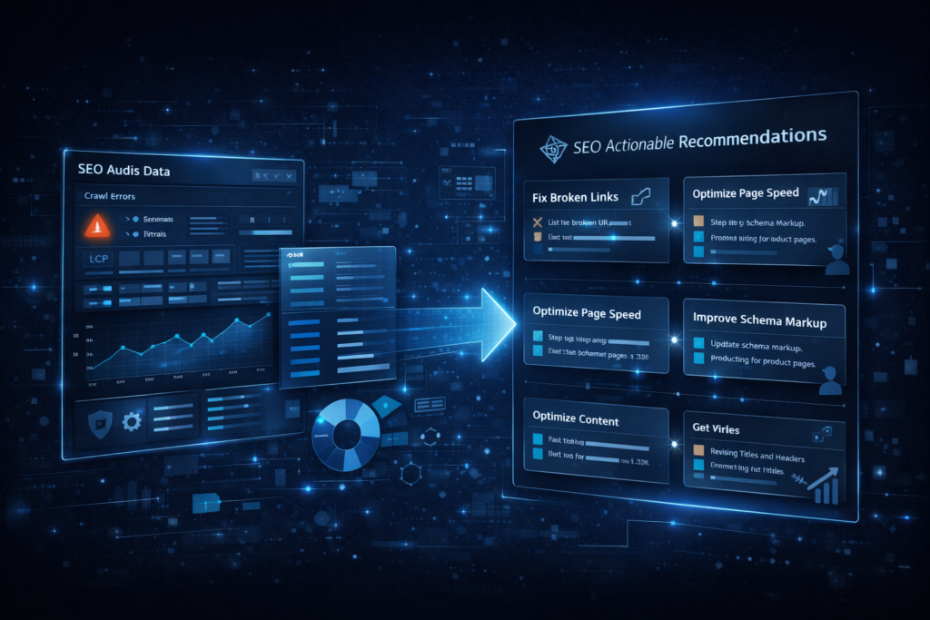 SEO audit insights transforming into clear, actionable optimization recommendations for teams