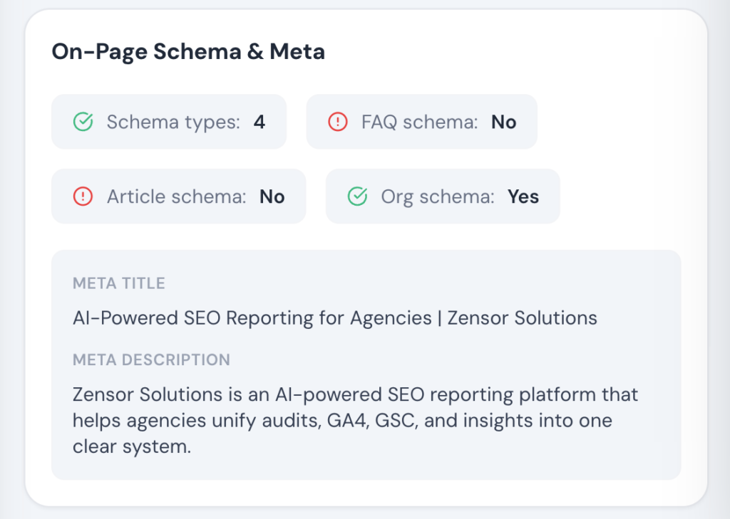 schema audit dashboard showing schema types, FAQ schema, article schema, organization schema, meta title, and meta description