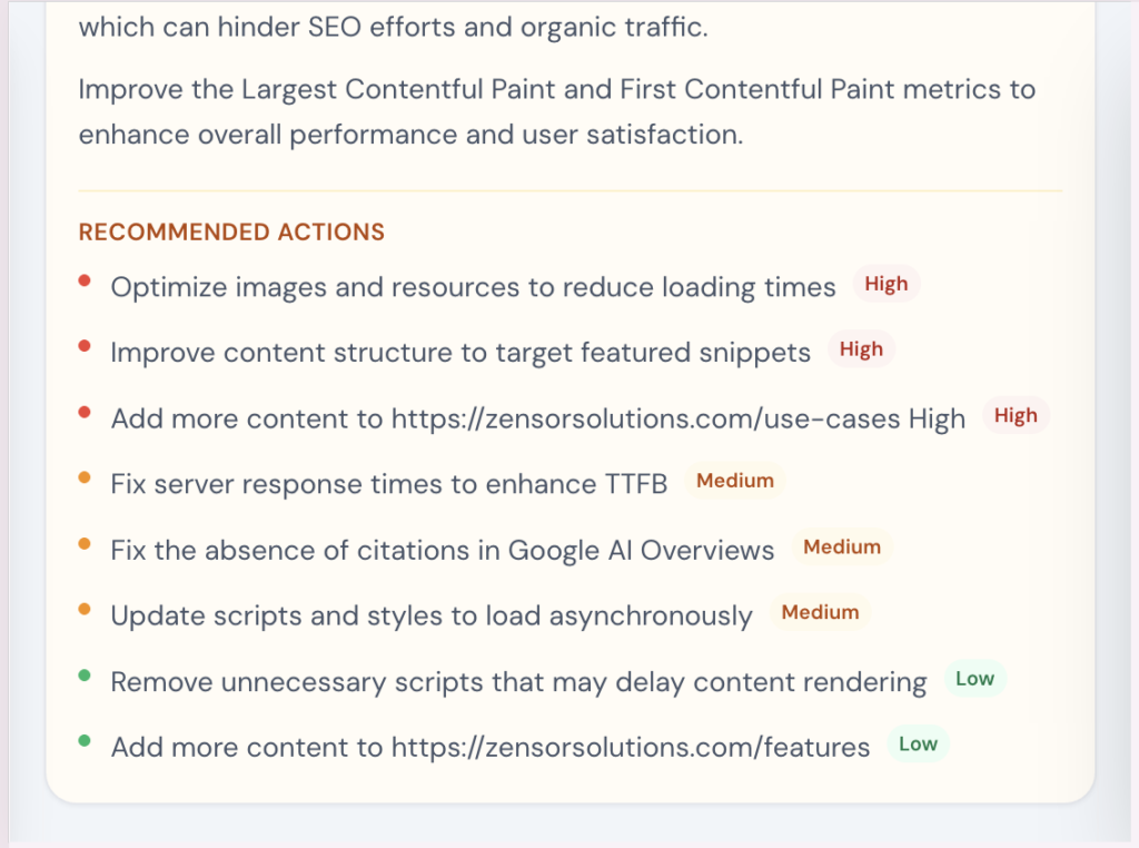 Prioritized action queue dashboard showing AI-generated SEO recommendations ranked by priority with severity labels for high, medium, and low impact actions.