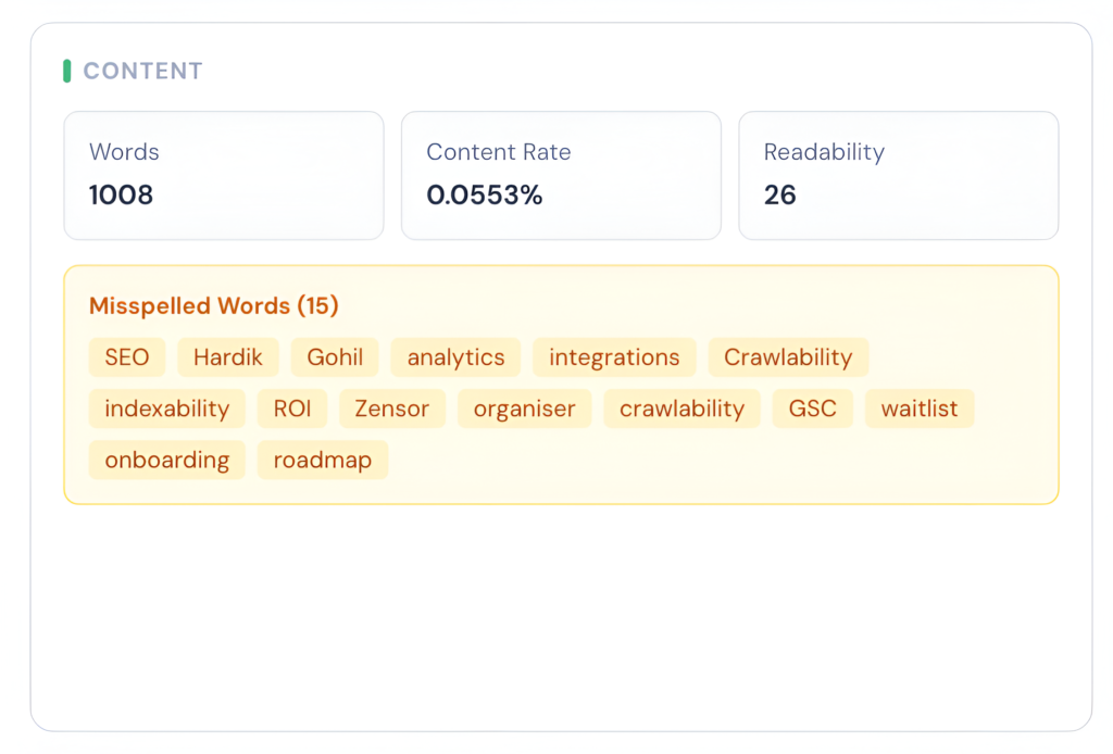 content quality analysis showing word count, readability score, content rate, and misspelled words detected in SEO audit