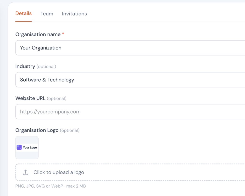 Agency branding settings screen for customizing organization details, logo, website, and white-label report branding.
