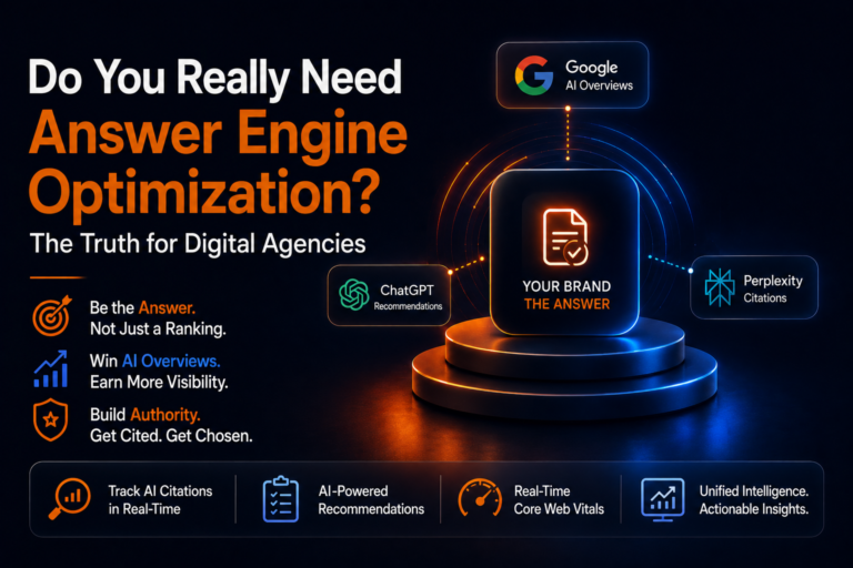 Answer Engine Optimization showing how digital agencies can improve visibility in Google AI Overviews, ChatGPT, and Perplexity