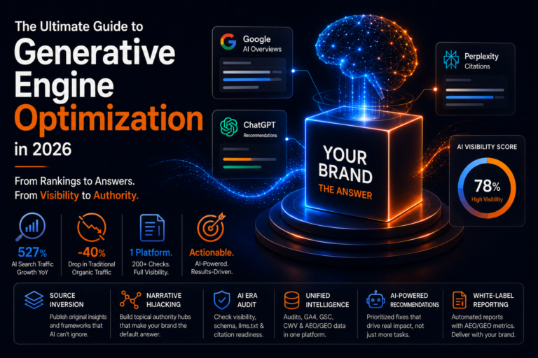 Generative Engine Optimization guide showing AI search visibility across Google AI Overviews, ChatGPT, and Perplexity