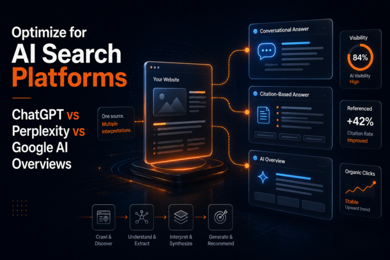 Comparison of how AI search platforms — ChatGPT, Perplexity, and Google AI Overviews — retrieve and cite content