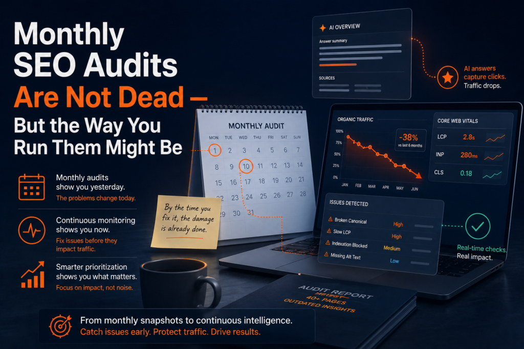 Monthly SEO audit dashboard showing real-time monitoring and AI search visibility for agencies