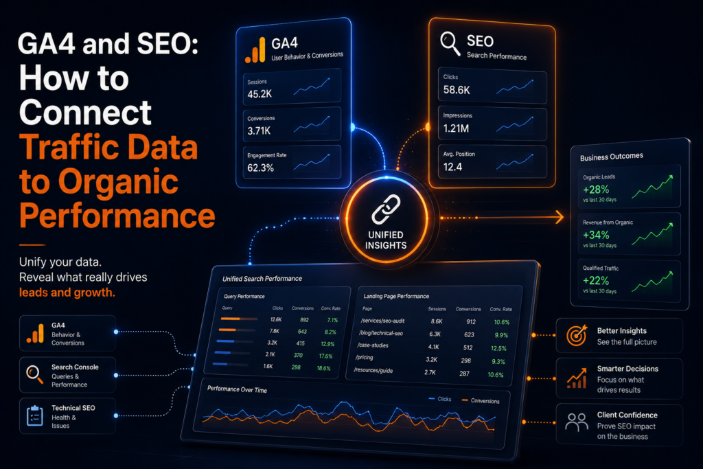 GA4 and SEO unified dashboard connecting organic traffic data to search performance metrics