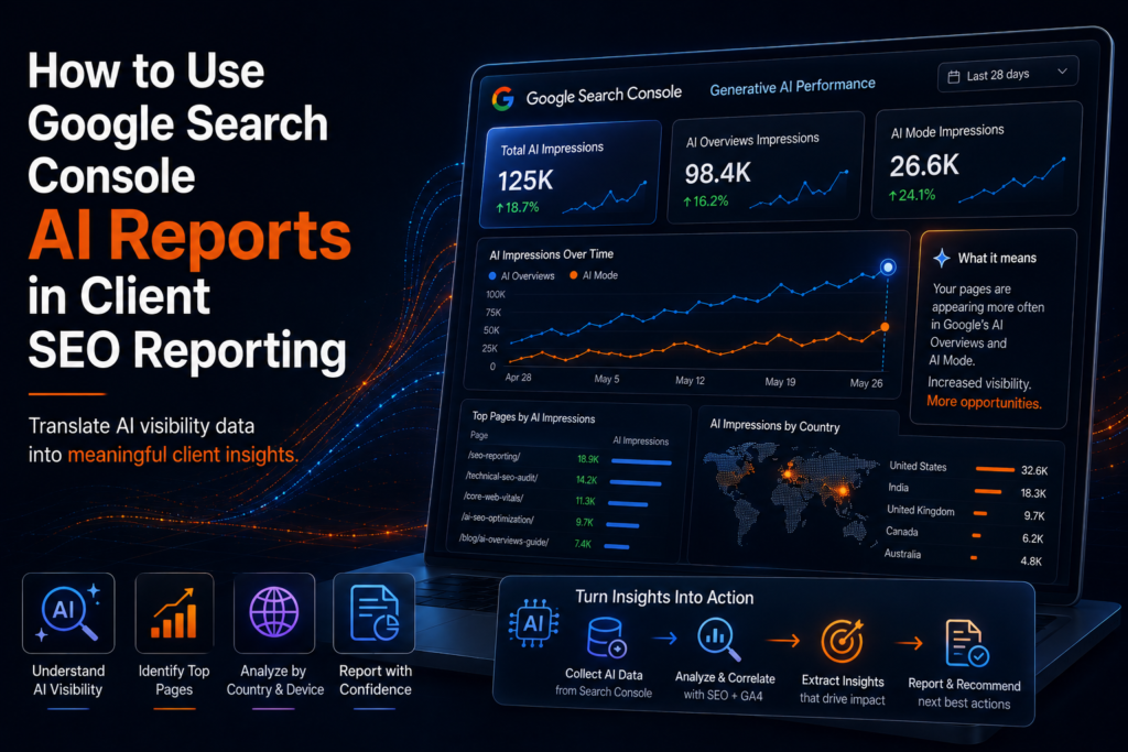 Google Search Console AI reports dashboard showing generative AI impressions and performance data for agencies