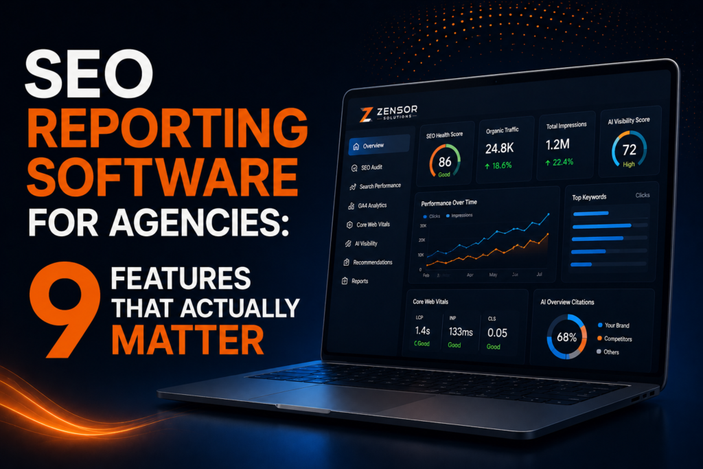 SEO reporting software dashboard for agencies showing search performance, GA4 analytics, Core Web Vitals, and AI visibility