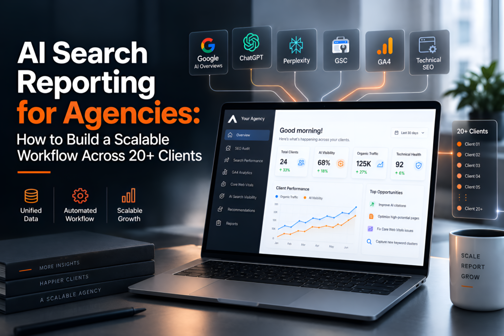 AI search reporting workflow dashboard for agencies showing unified GA4 GSC technical SEO and AI visibility data