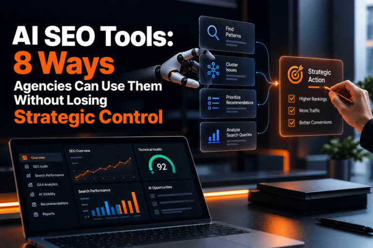 AI SEO tools workflow dashboard showing audits, recommendations, analytics, and prioritization for agencies